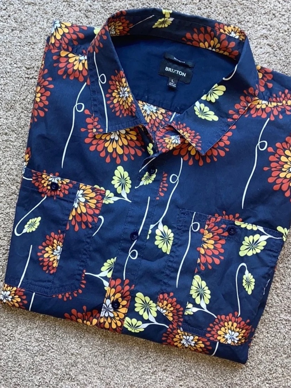Brixton Crossover Button-Up Shirt Men Large Navy Blue Floral Relaxed Fit Casual